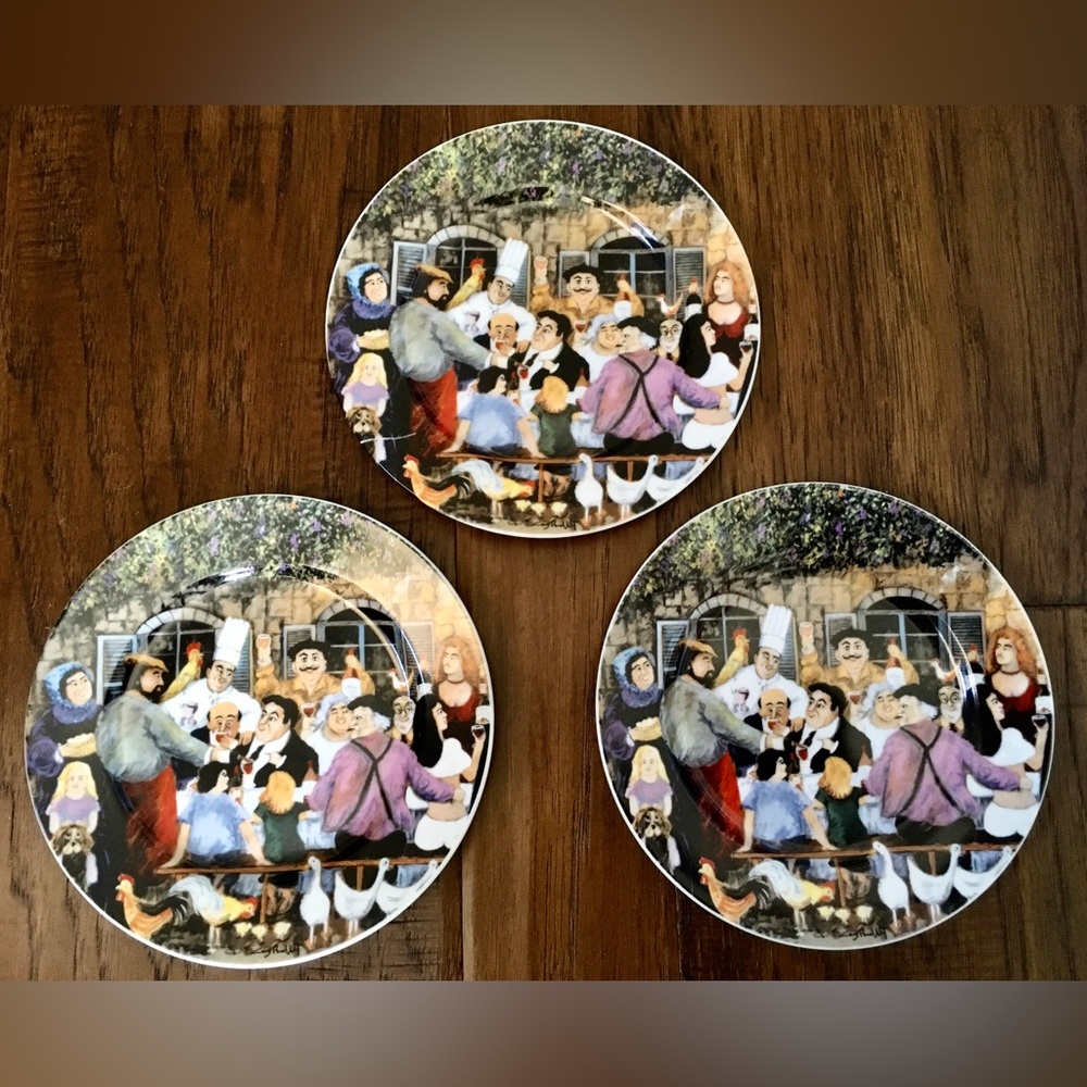 Vintage Guy Buffet Bistro Scene Ceramic Salad Plates - Set of 3 Santa Barbara